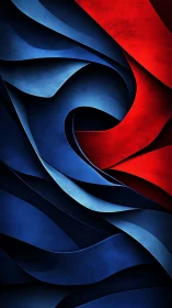 Curved blue and red ribbons form abstract layered vortex.