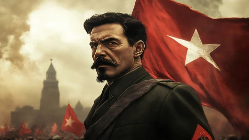Cinematic revolutionary officer with flag under stormy sky.