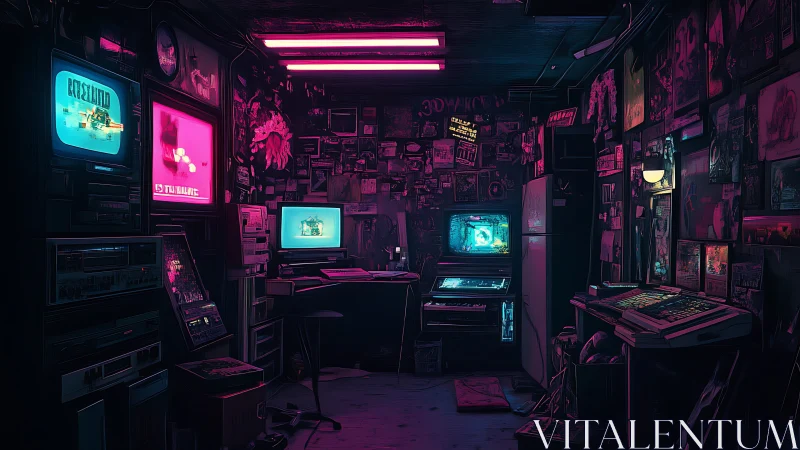 Neon hacker den humming with retro monitors and secret glow.