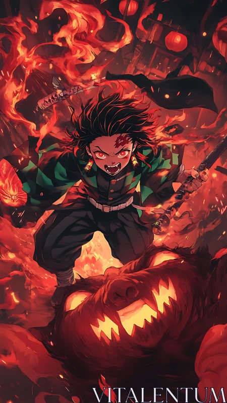 Fiery demon slayer charge through a burning nightscape.