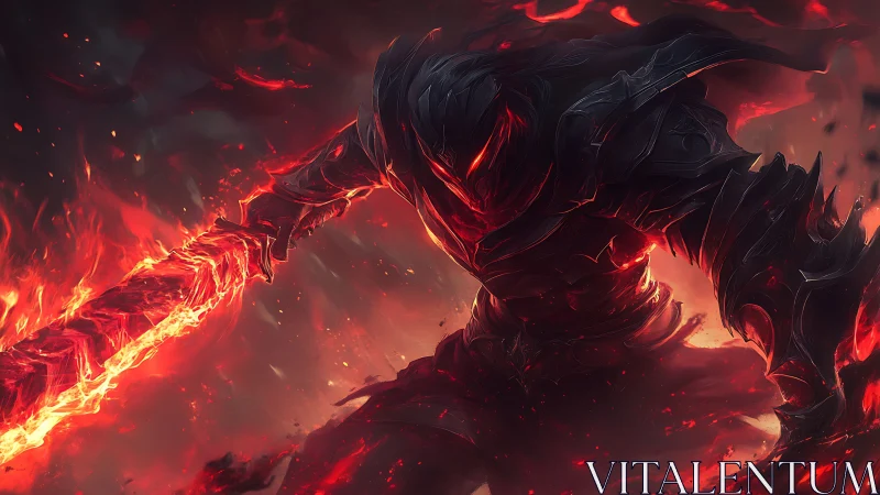 Armored shadow warrior with molten sword in fiery scene.