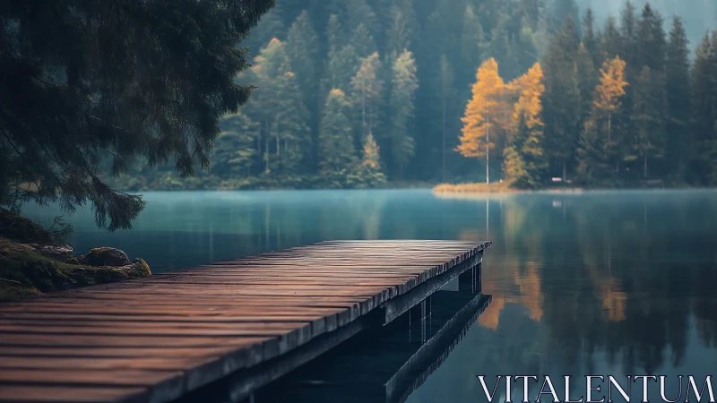 Quiet wooden lakeside pier leads into misty autumn forest