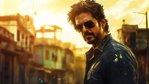 Backlit urban portrait with golden-hour flare and gritty texture