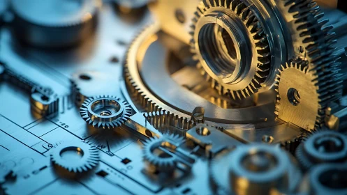 Precision steel gear assembly over technical blueprint.