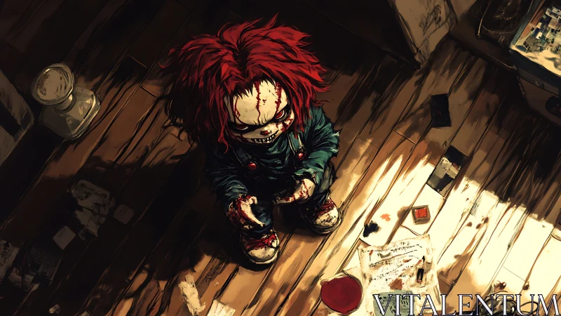 Overhead study of sinister doll on distressed wooden floor