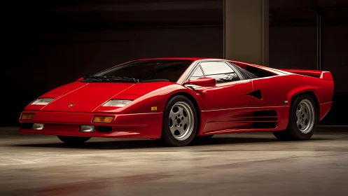 Crimson retro supercar prowling a spotlighted concrete lair.