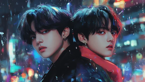 Neon-lit twin portraits stare boldly through the city rain