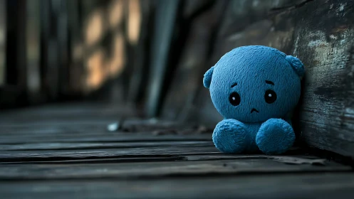 Blue plush toy sits on worn wooden surface in soft focus
