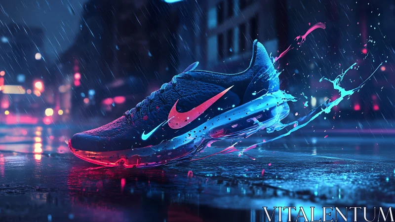 Neon-lit running shoe slices through rain with dynamic splash lighting
