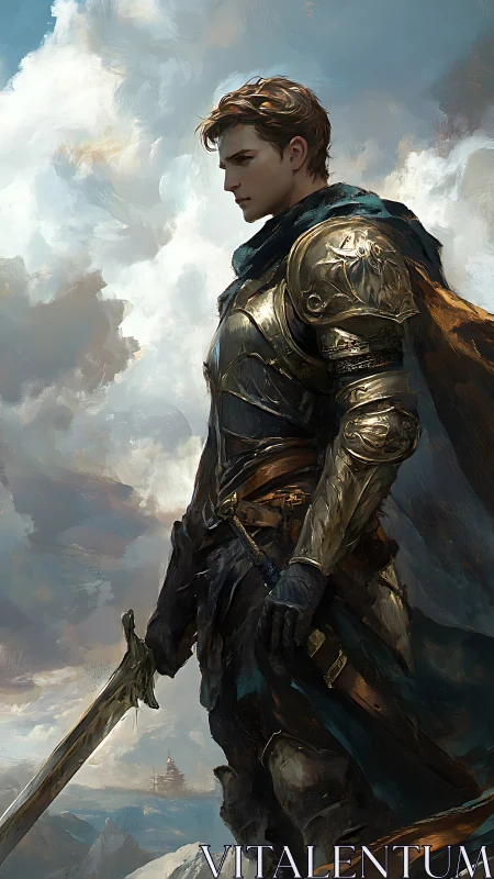 Golden armored knight gazes over stormlit mountain horizon.