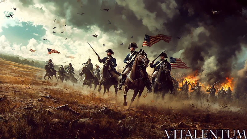 Digitally composited cavalry charge in turbulent battlefield atmospherics.