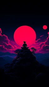 Meditative warrior contemplates colossal neon crimson moon.