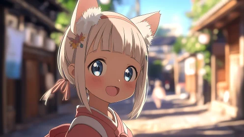 Cat-eared anime girl smiles in bright street scene