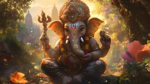 Golden forest blessings with serene elephant deity figure.