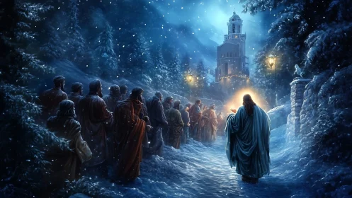 Snowy night procession toward illuminated winter church.