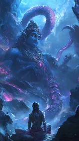 Cosmic deity calmly meets a lone seeker in glowing depths