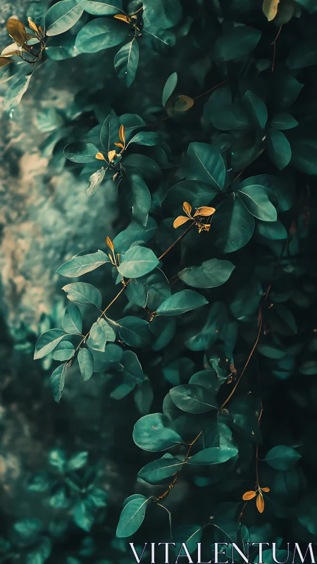 Teal foliage pattern with golden leaf accents in shadowed light.