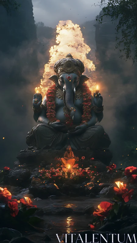 Divine elephant deity statue amid firelit jungle shrine.