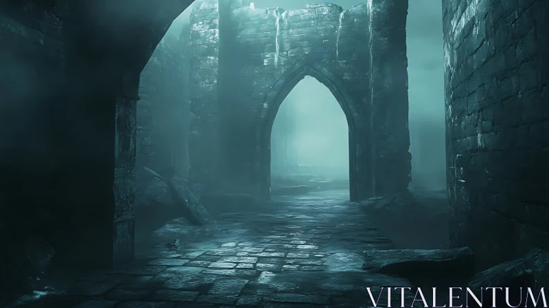Gothic stone corridor recedes into fog with cinematic volumetric light