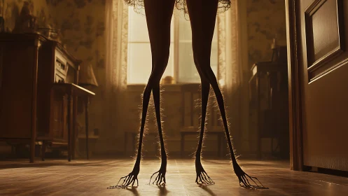 Elongated creature legs stand in backlit domestic interior