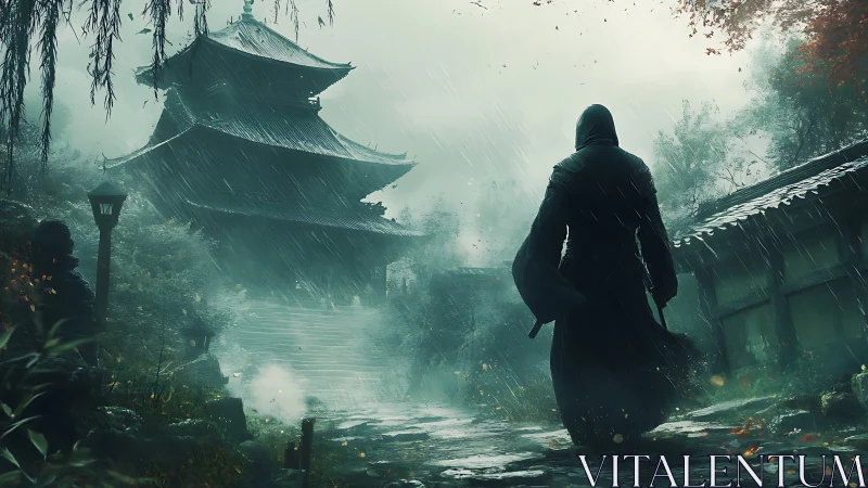 Hooded samurai silhouette in rainy misted temple courtyard