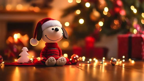 Smiling Christmas puppy toy glows amid warm festive lights