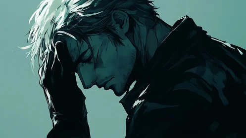 Brooding silver‑haired man bows his head in shadow.