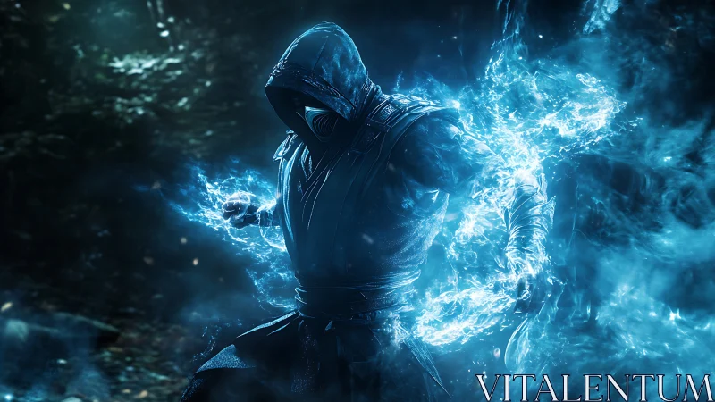 Hooded elemental warrior channels blue spectral energy.