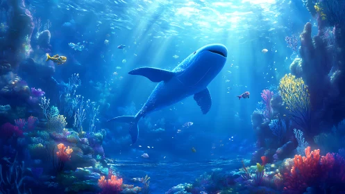 Gentle whale glides through sunlit coral reef in tranquil depth