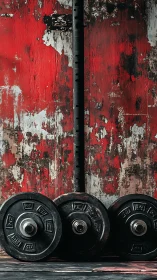 Weathered gym weights against bold rustic red backdrop.