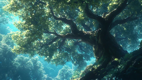 Ancient forest tree rendered in atmospheric digital fantasy lighting