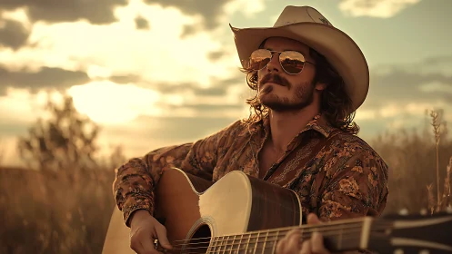 Sunlit country guitarist in reflective aviators at dusk.
