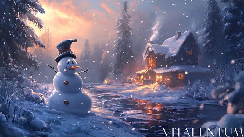 Snowman in snowy forest clearing near warm winter cabin.