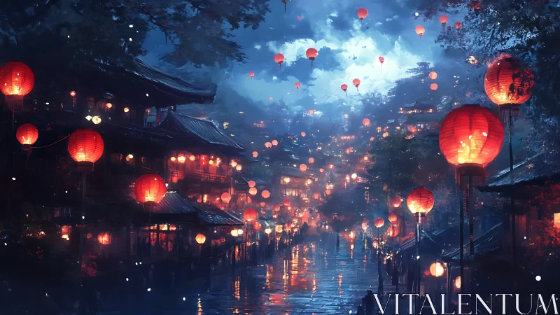 Lantern lit street glows softly under a dreamy night sky
