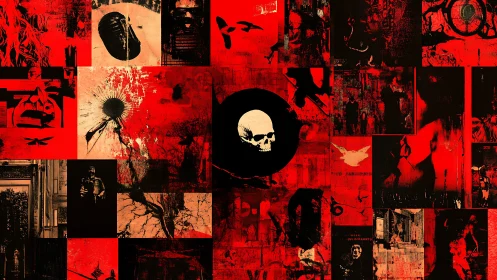 Skull-centered red collage explores dark urban fragments.