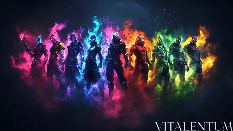 Spectrum sentinels ignite a neon storm of chromatic fire.