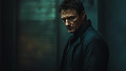 Brooding man in a dark alley holds a quiet, steady gaze