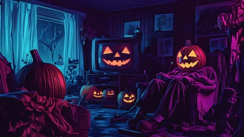 Pumpkin headed figure watches jack o lantern TV glow