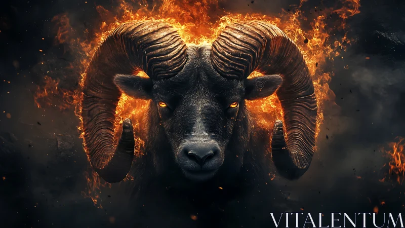 Inferno-horned ram emerging from a blazing midnight halo.