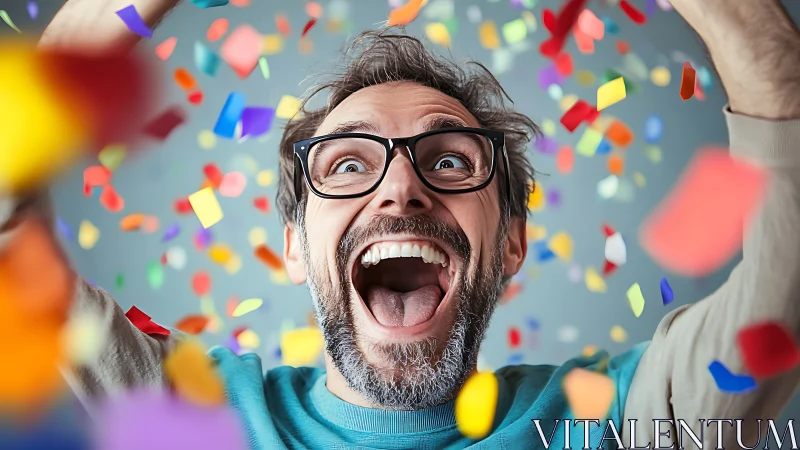 Explosive celebration portrait with ecstatic confetti burst.