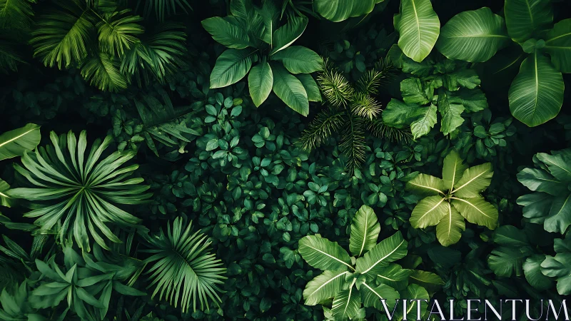 Top-down dense tropical foliage with layered leaf morphologies