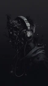 Shattered silhouette with chrome headphones in dark void