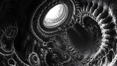 Fractal cavern spirals toward a luminous otherworldly void