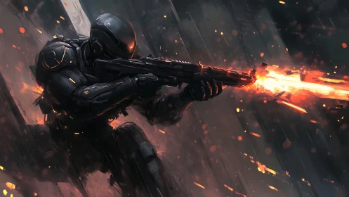 Armored space soldier unleashes a blazing laser volley.