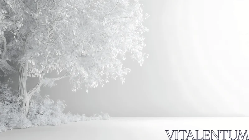 Monochrome tree on white minimalist landscape background.