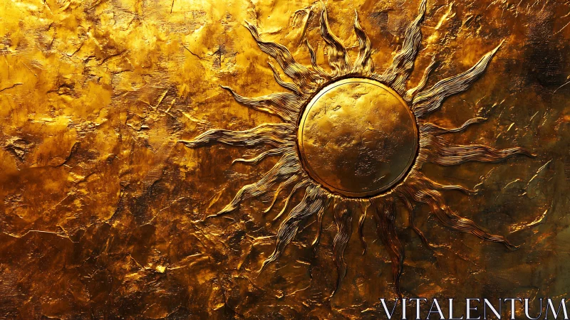 Radiant golden sun emblem gleams on textured metallic canvas