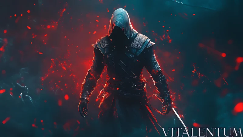 Hooded shadow assassin strides through embers and mist.