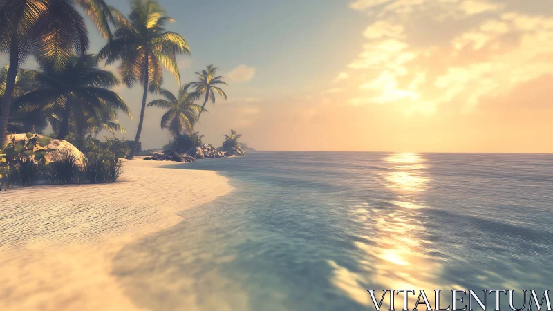 Tropical shoreline with palm trees during golden hour sunset.