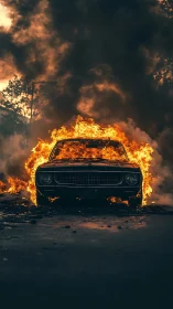 Vintage Car Engulfed in Flames with Dramatic Sky.