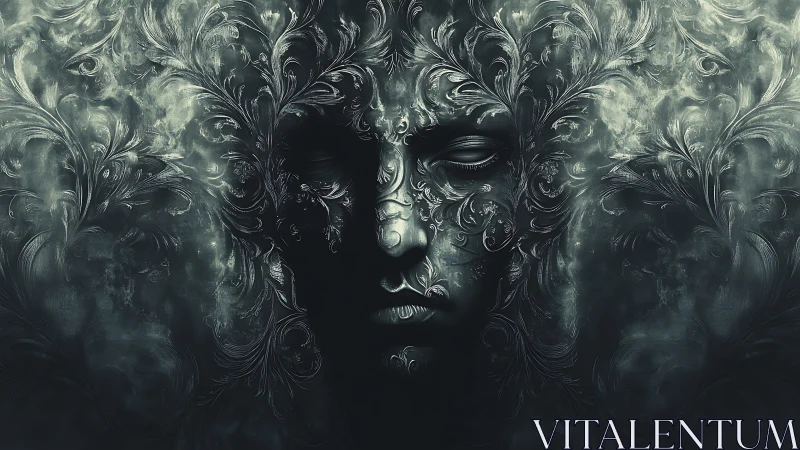 Human face merged with ornate swirling foliage patterns.